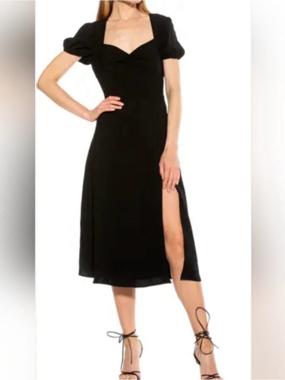 Alexia Admor Gracie Black Puff-Sleeve Sweetheart Midi Dress with Side Slit